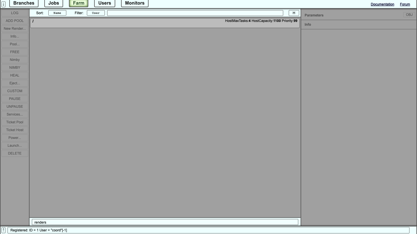 The Afanasy Web Monitor Farm view with the root pool and the render node controls