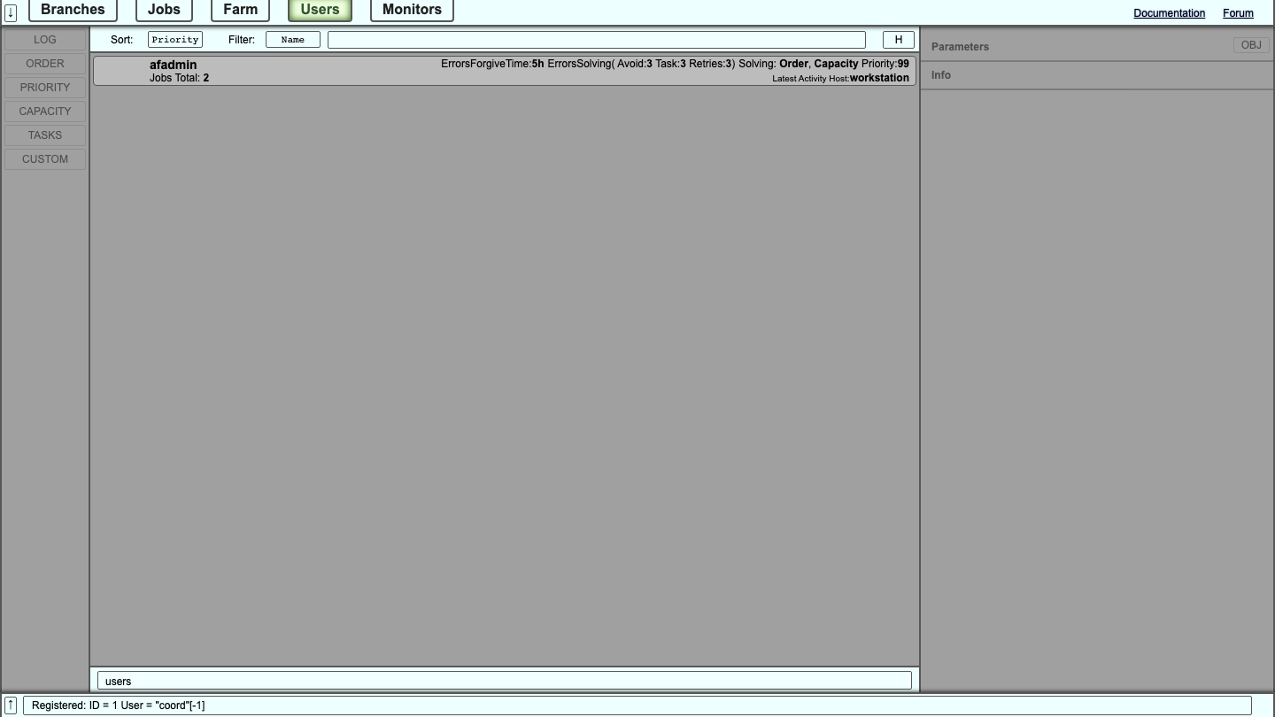 The Afanasy Web Monitor Users view with the afadmin user, its job total and priority