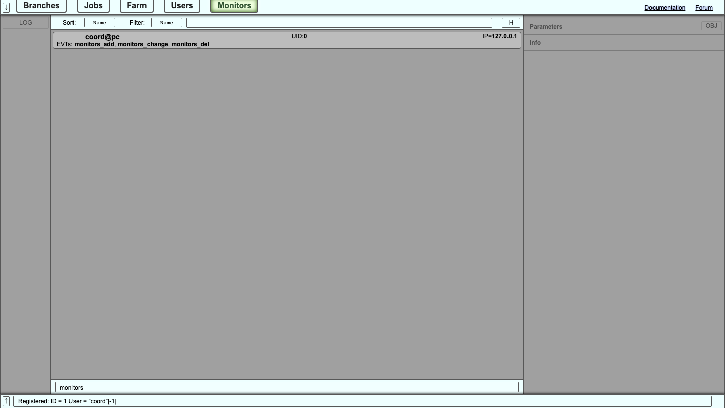 The Afanasy Web Monitor Monitors view with one connected monitor session from 127.0.0.1