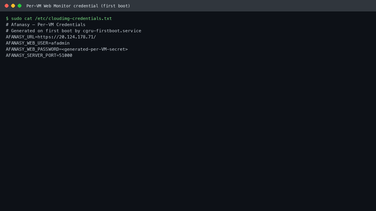 The per-VM credentials file with the generated Web Monitor username and password