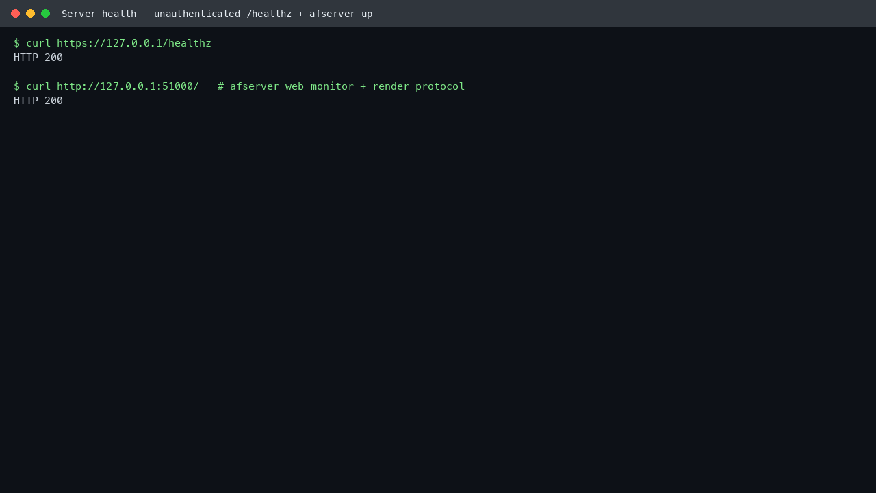The unauthenticated health endpoint and afserver responding on port 51000