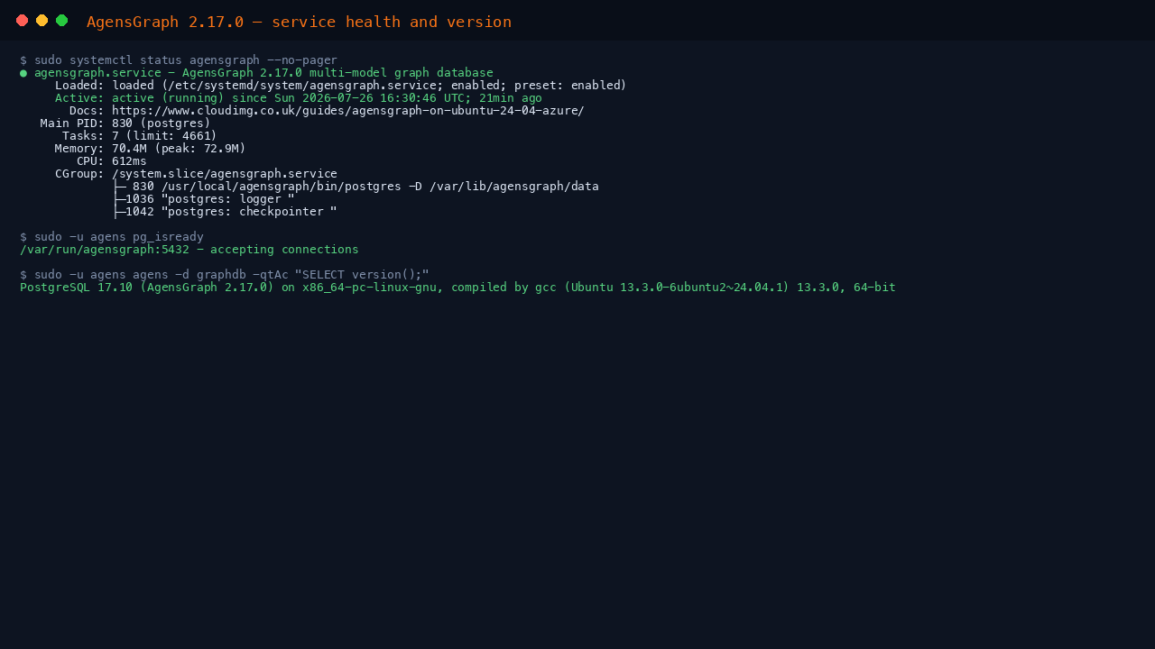 Terminal showing agensgraph.service active and running under systemd, pg_isready reporting the server accepting connections on port 5432, and the version query returning PostgreSQL 17.10 with AgensGraph 2.17.0