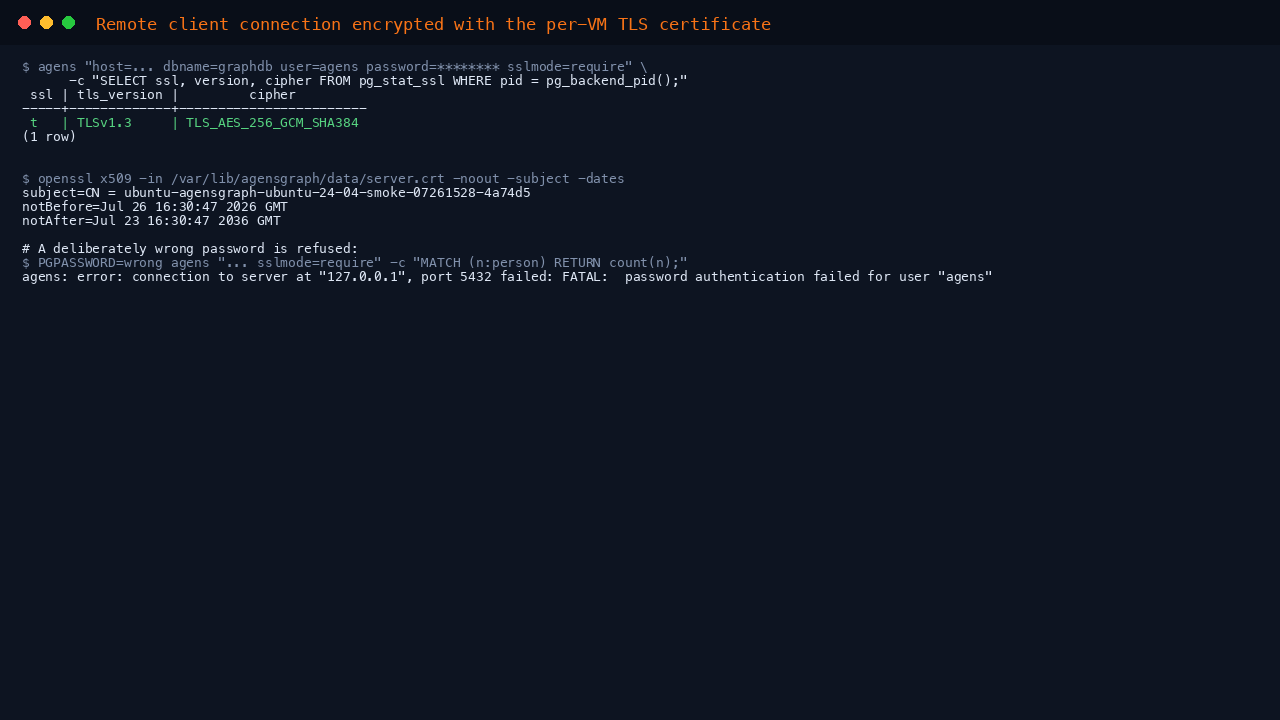 Terminal showing a client connecting to AgensGraph with sslmode require and the pg_stat_ssl query returning ssl as t with TLS version 1.3 and the TLS_AES_256_GCM_SHA384 cipher, proving the session is encrypted end to end