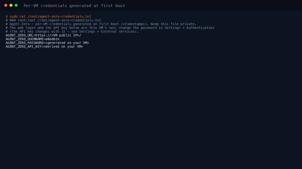 The credentials file, readable only by root, with the generated password and API key masked