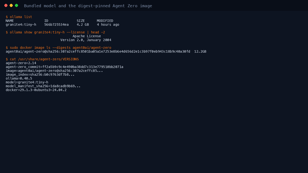 The bundled model, its Apache 2.0 licence and the digest pinned Agent Zero image