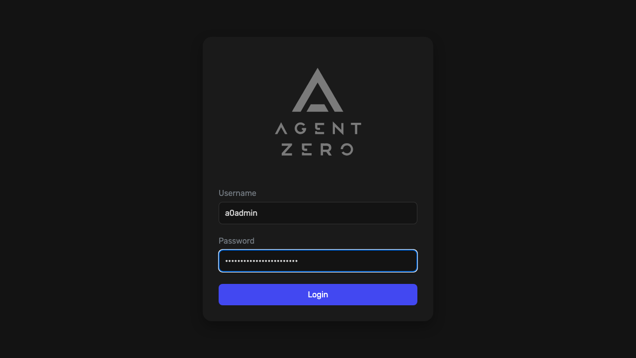 The Agent Zero login page served over HTTPS by the appliance, with the a0admin login entered and the password masked