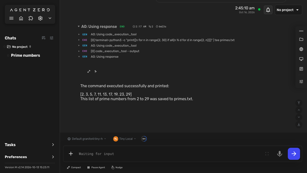 A chat in which the agent, using the bundled CPU model, ran the command in its terminal and reported the prime numbers it printed