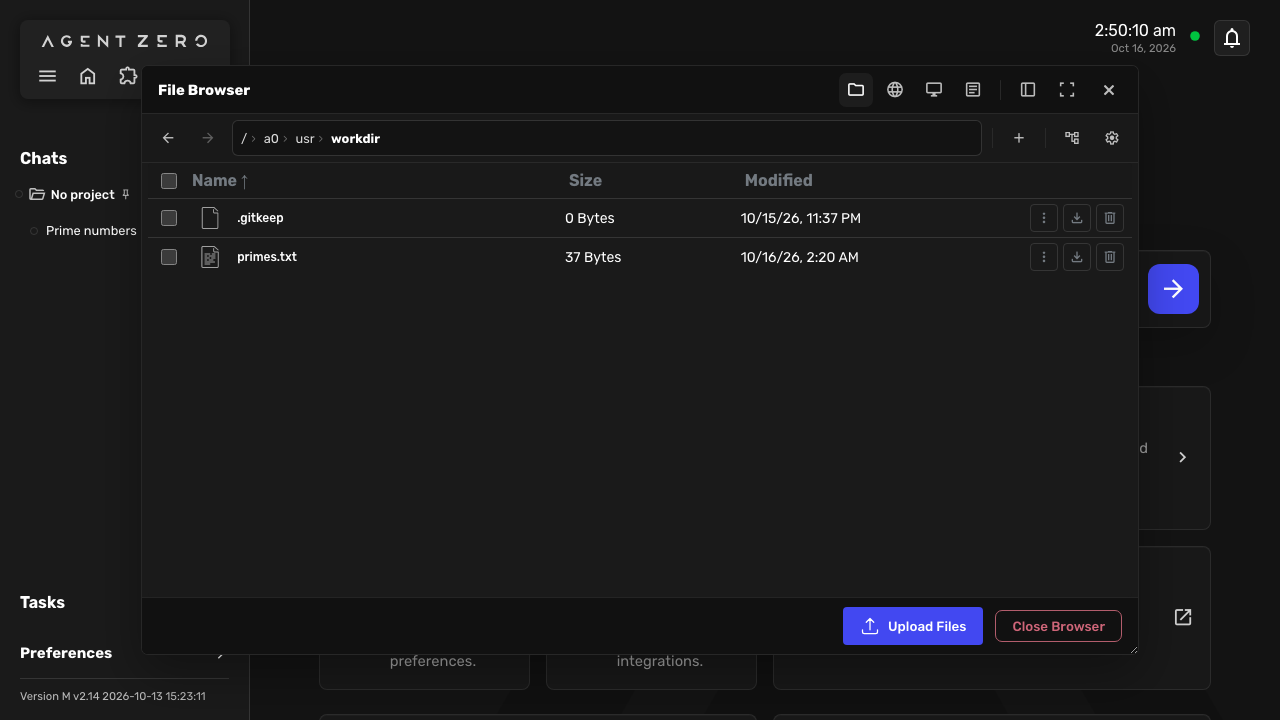 The Agent Zero file browser showing primes.txt, which the command wrote in the agent's work directory