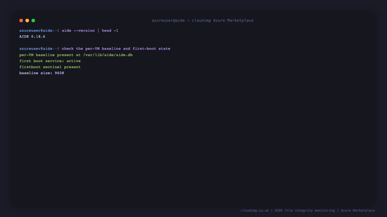 AIDE version, the per-VM baseline database and the completed first boot service on Ubuntu 24.04