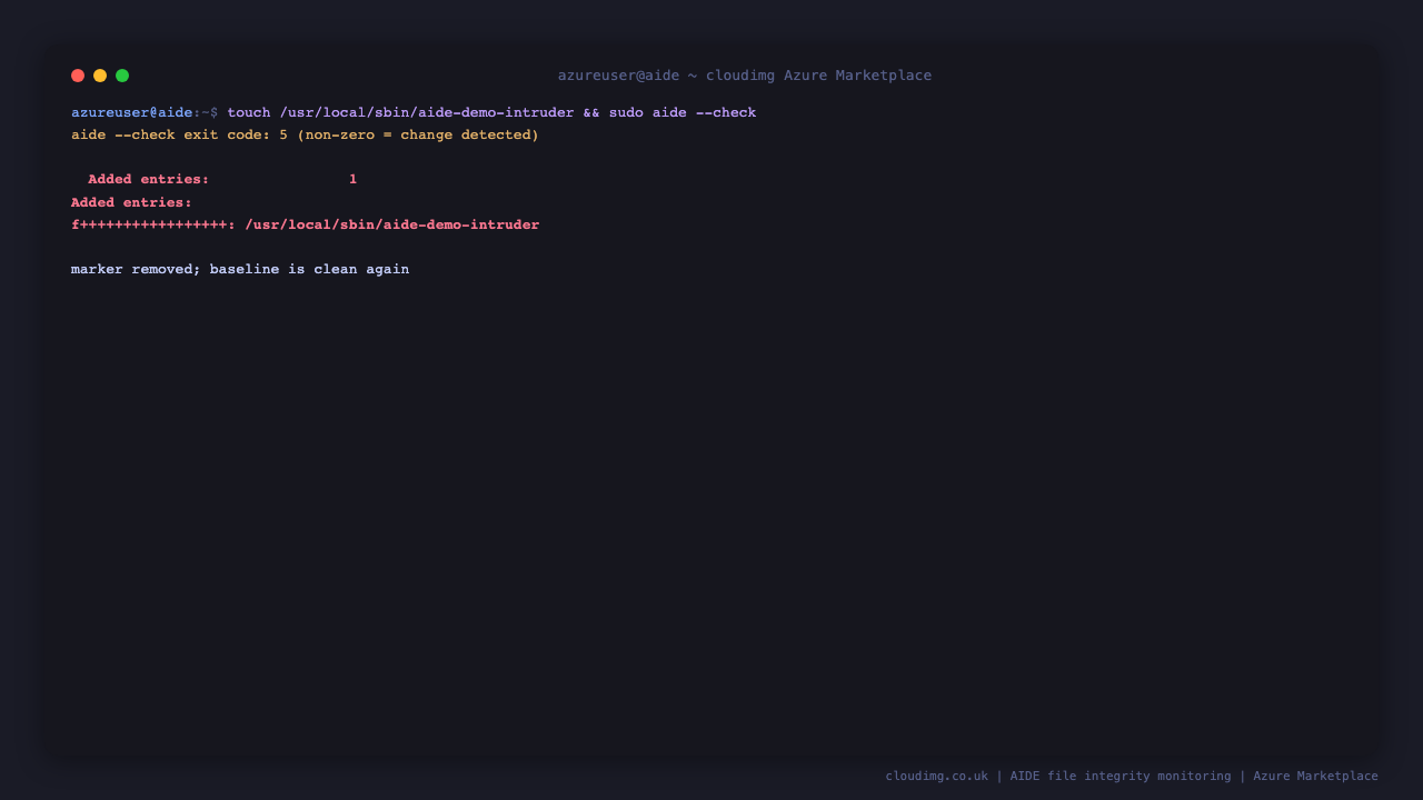 AIDE detecting a planted file in a monitored directory, naming it as an added entry