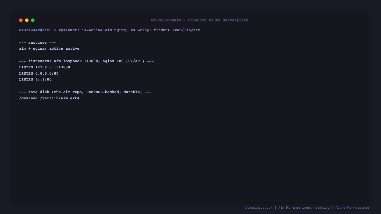 The aim and nginx services active, Aim listening on loopback 127.0.0.1:43800 only, and the dedicated data disk mounted at /var/lib/aim