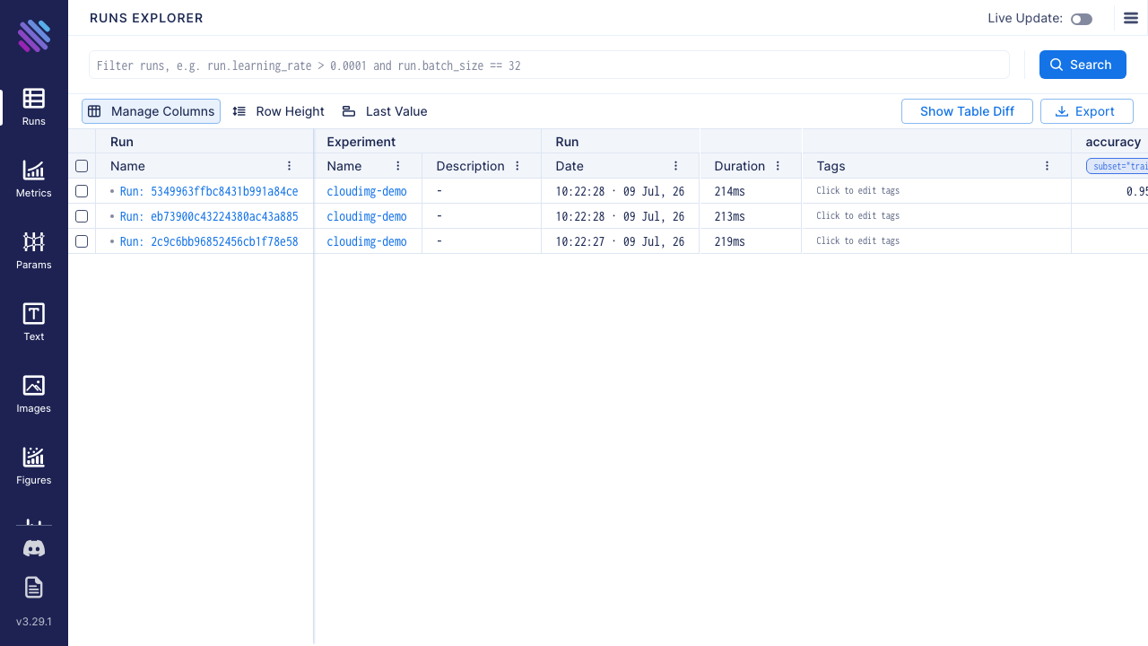 The Aim Runs explorer listing the three seeded demo runs under the cloudimg-demo experiment