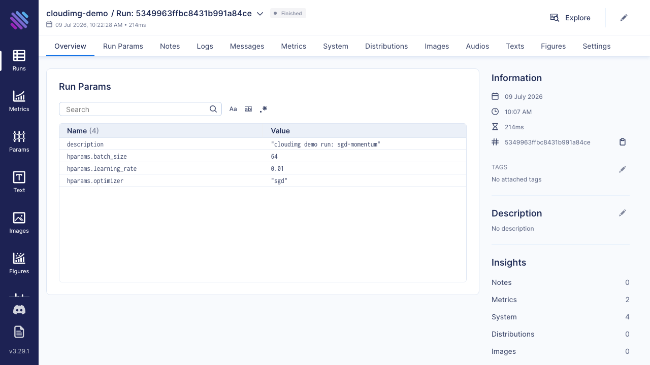 A single run's detail/overview page showing its hyperparameters and metadata
