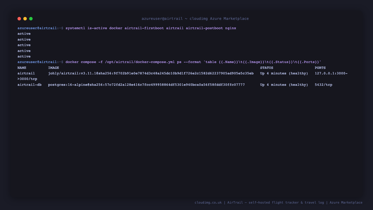 The docker, airtrail-firstboot, airtrail, airtrail-postboot and nginx services all active, and both compose containers healthy - the AirTrail app published only to 127.0.0.1:3000 and PostgreSQL on the internal container network with no host port at all