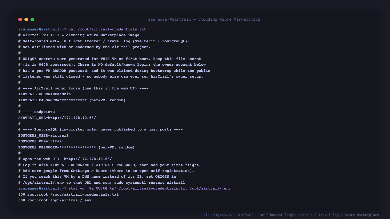 The per instance credentials file, showing the AirTrail owner login and the PostgreSQL password each generated randomly for this VM (masked here) and the resolved web URL, with both the credentials file and the environment file confirmed as 0600 root:root