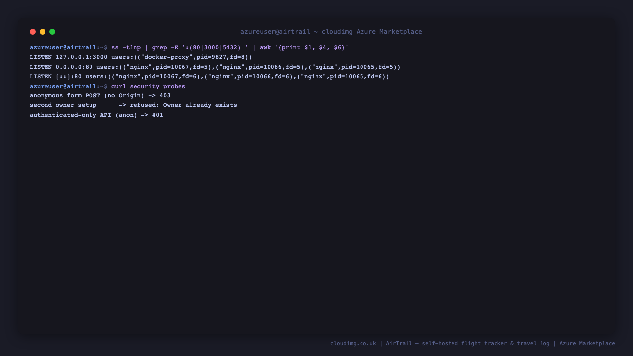 The security posture: the AirTrail app listening only on 127.0.0.1:3000, nginx the only 0.0.0.0:80 listener and no PostgreSQL host port, with a form POST carrying no Origin header refused 403, a second owner setup refused with Owner already exists, and the authenticated-only map API returning 401 anonymously