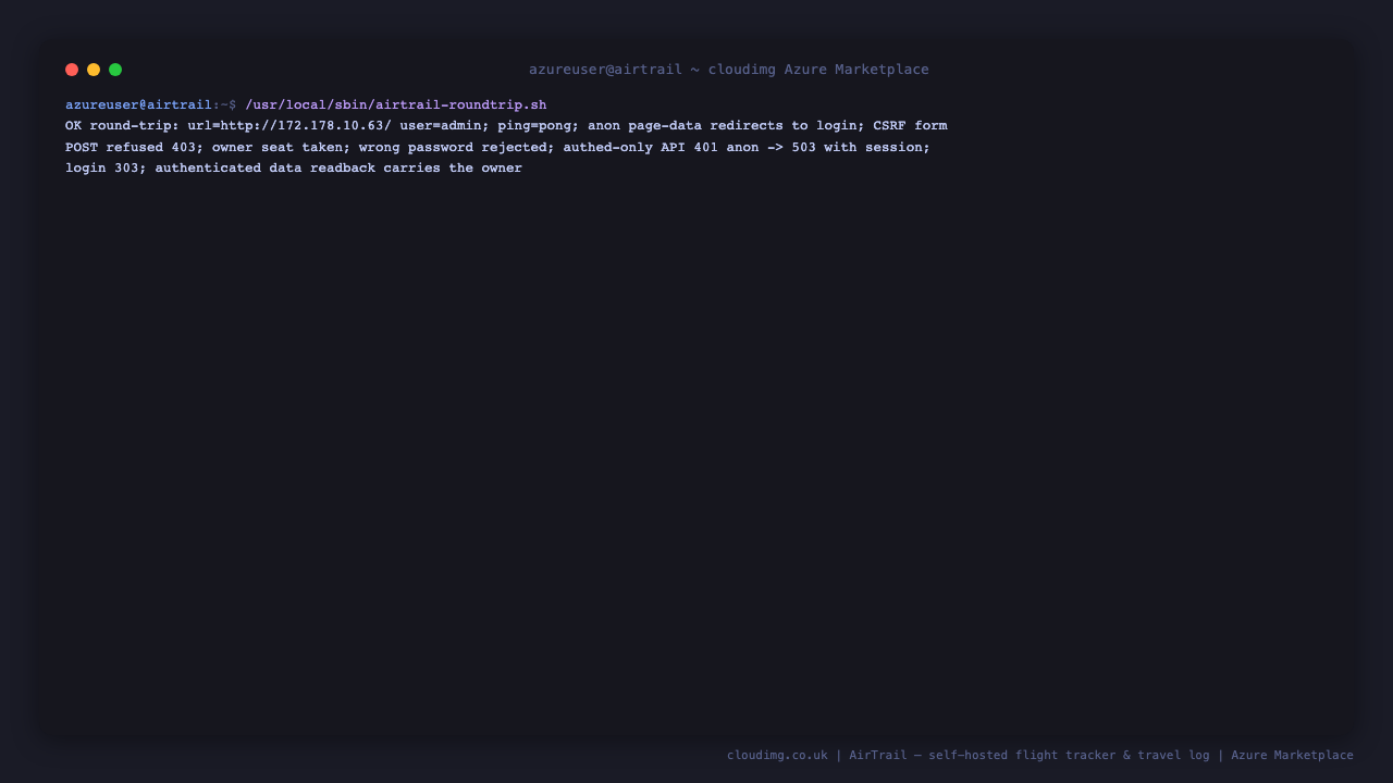 The credential round-trip prover reporting OK: ping returned pong, anonymous page data redirects to login, a cross-site form POST was refused 403, the owner seat is taken, a wrong password was rejected, the authenticated-only API moved from 401 to 503 once a session existed, login returned 303 and the authenticated data readback carries the owner