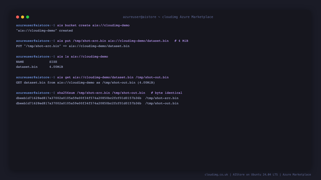 A real object round trip over the native API: bucket created, a 4 MiB object written, listed, read back, and the two SHA 256 checksums matching exactly
