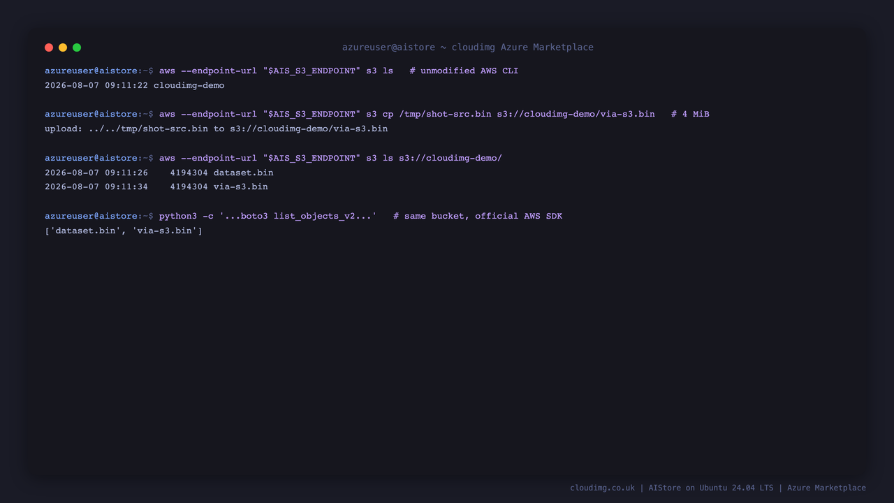 The same bucket driven by an unmodified AWS CLI and by boto3 over the S3 compatible endpoint, listing and transferring real objects