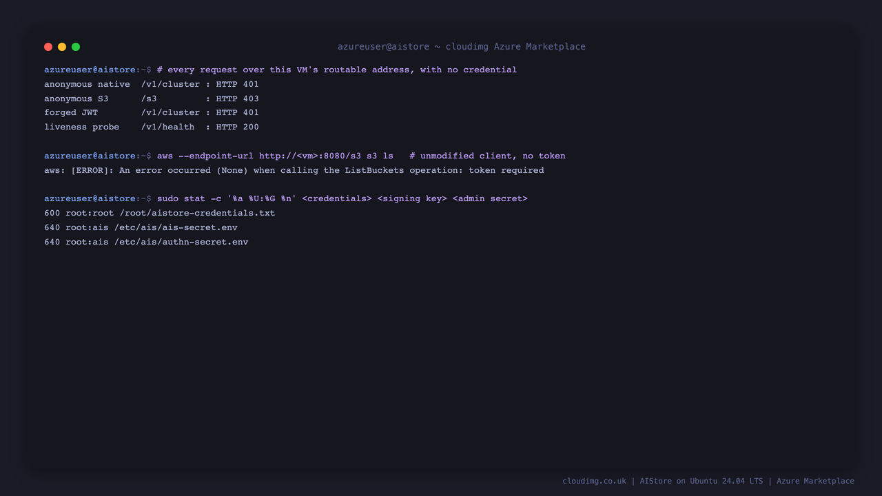 Anonymous native, anonymous S3 and forged token requests over the VM's routable address all refused, while the liveness probe answers, and the per VM secrets restricted to root