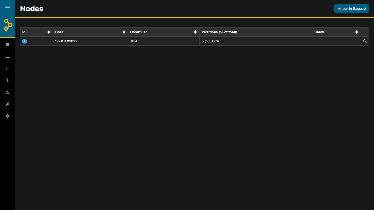 The AKHQ Nodes view showing the bundled single node broker bound to the loopback address and acting as the KRaft controller