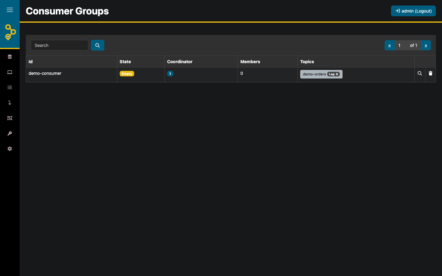 The Consumer Groups page showing demo-consumer with a lag of 8 on demo-orders