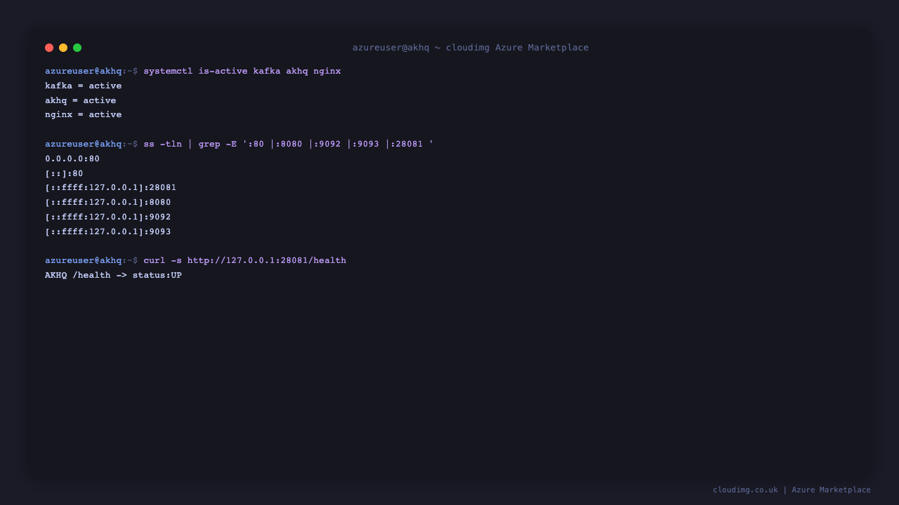 The kafka, akhq and nginx systemd services all active, with nginx listening on port 80 while the AKHQ app on 8080, the management port on 28081 and the Kafka broker on 9092 and 9093 are bound to loopback only, and the AKHQ management health endpoint reporting status UP