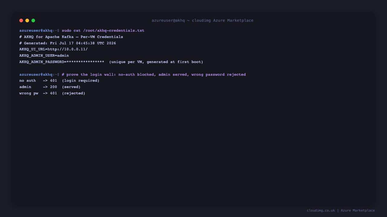 The per VM AKHQ credentials file, owned root only with mode 600, showing the console URL, the admin username and the generated password masked, alongside the login round trip where an unauthenticated request is blocked, a valid admin login is served, and a wrong password is rejected