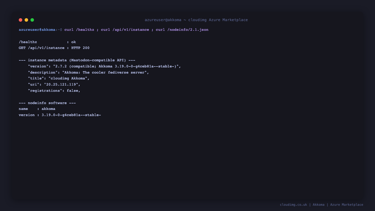 The Akkoma health endpoint and the Mastodon-compatible instance metadata reporting the per-VM domain