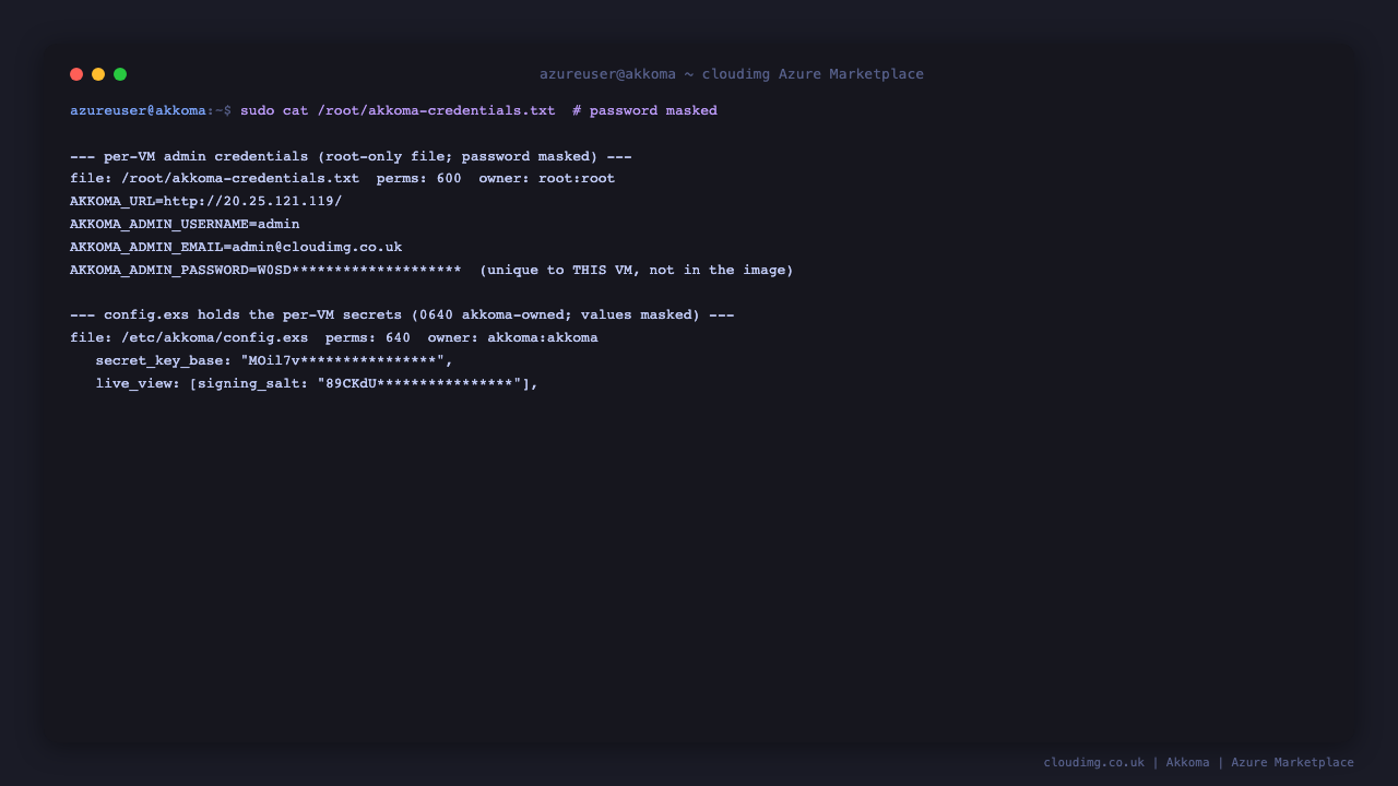 The per-VM Akkoma credentials file (password masked) and the config file holding the per-VM secrets