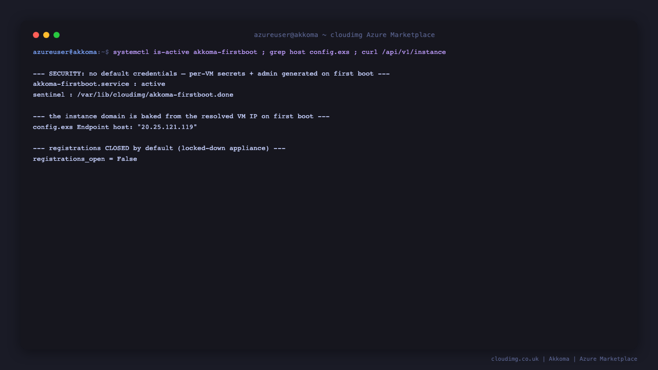 Secure by default: first boot generated the per-VM secrets and admin, baked the instance domain from the VM IP, and left registration closed