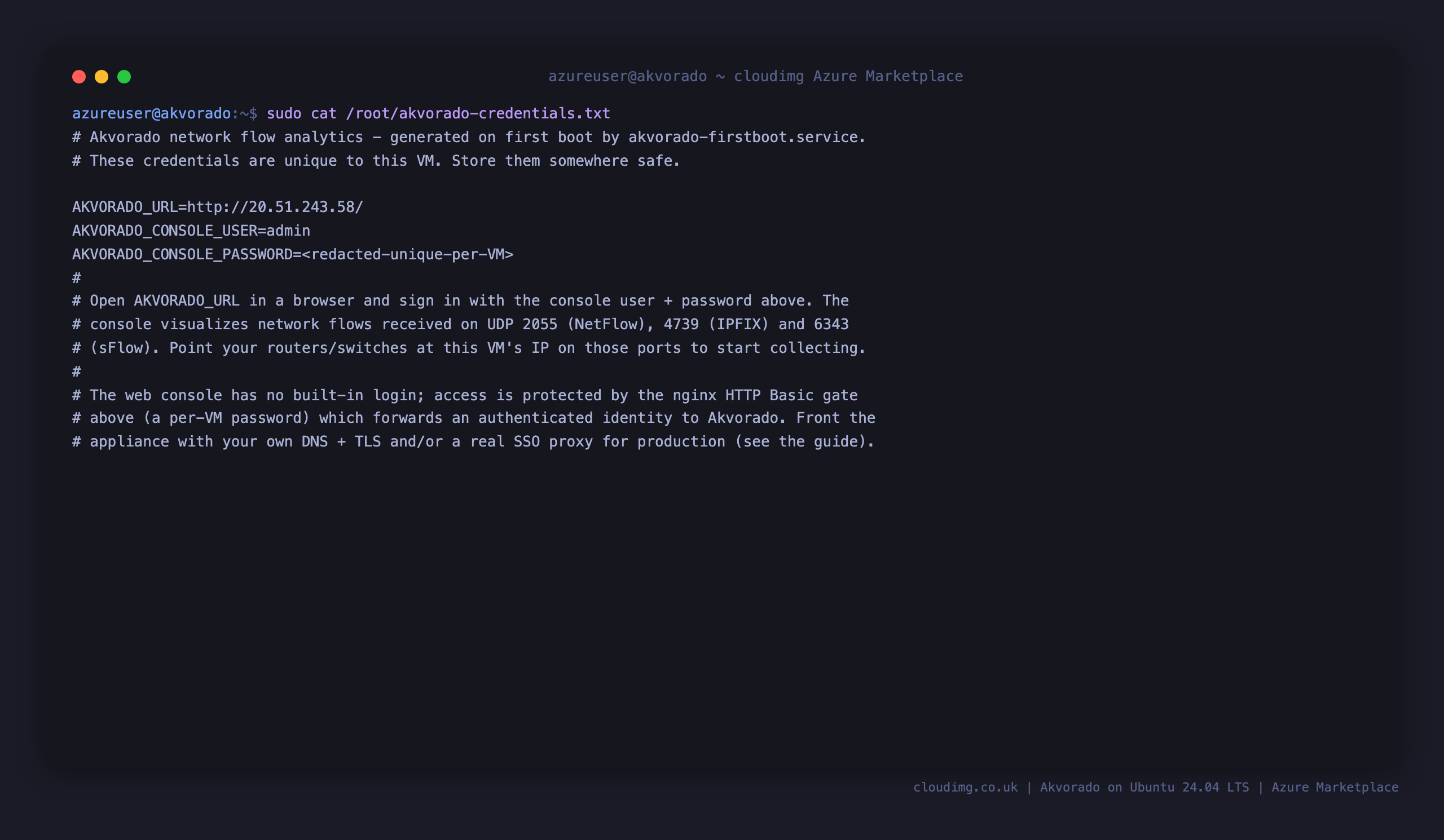 The per-VM Akvorado credentials file (0600, root only) showing the console URL, the admin username and the generated password