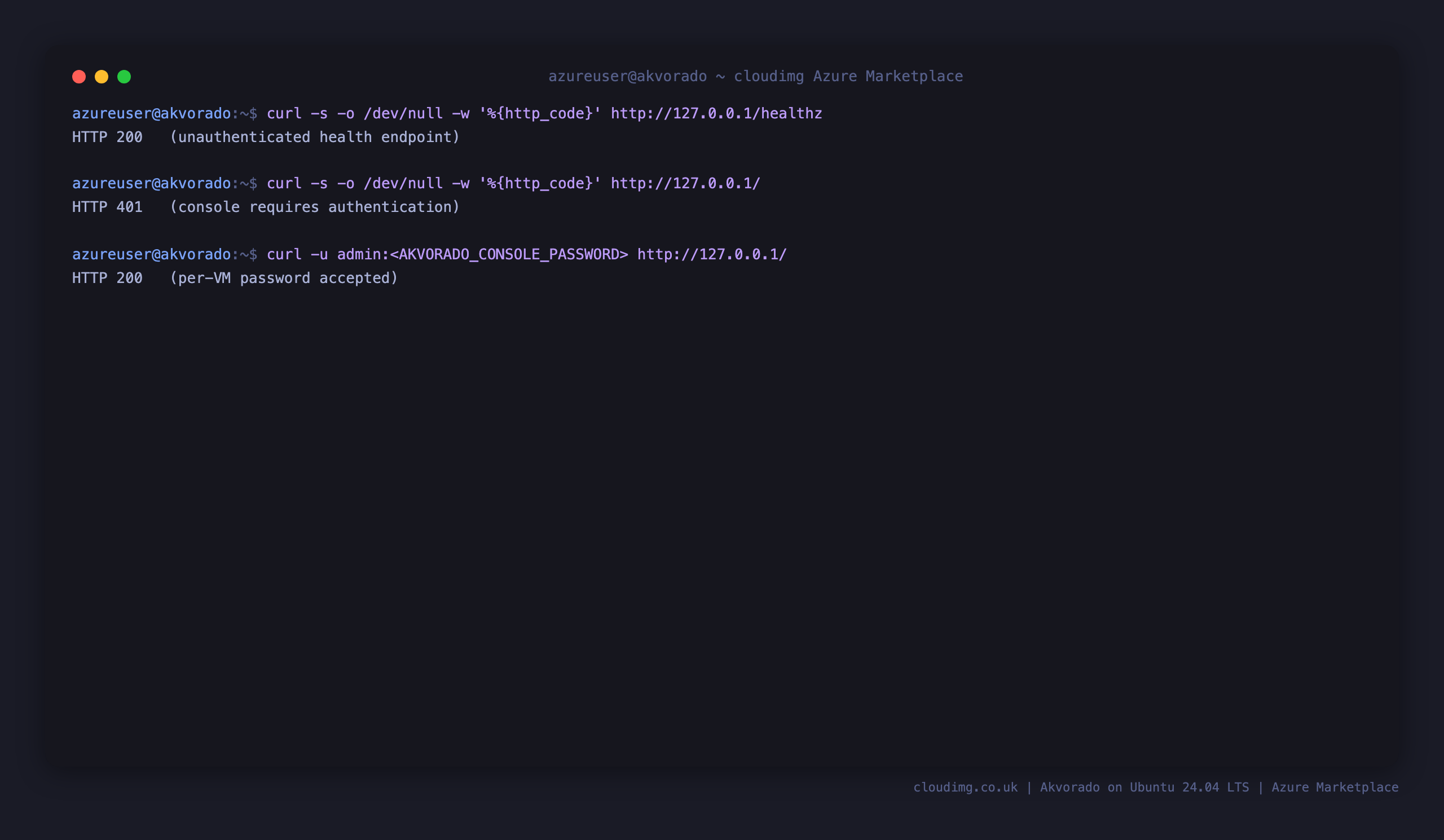 The nginx front door returning 200 on the health endpoint, rejecting an unauthenticated request with 401, and accepting the per-VM password with 200