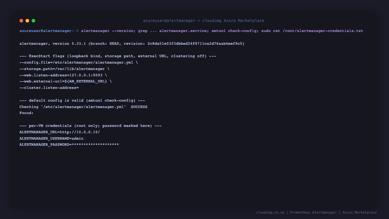 The Alertmanager version, the systemd ExecStart flags binding to loopback with clustering disabled, the default config passing amtool check-config, and the per-VM credentials file with the generated admin password