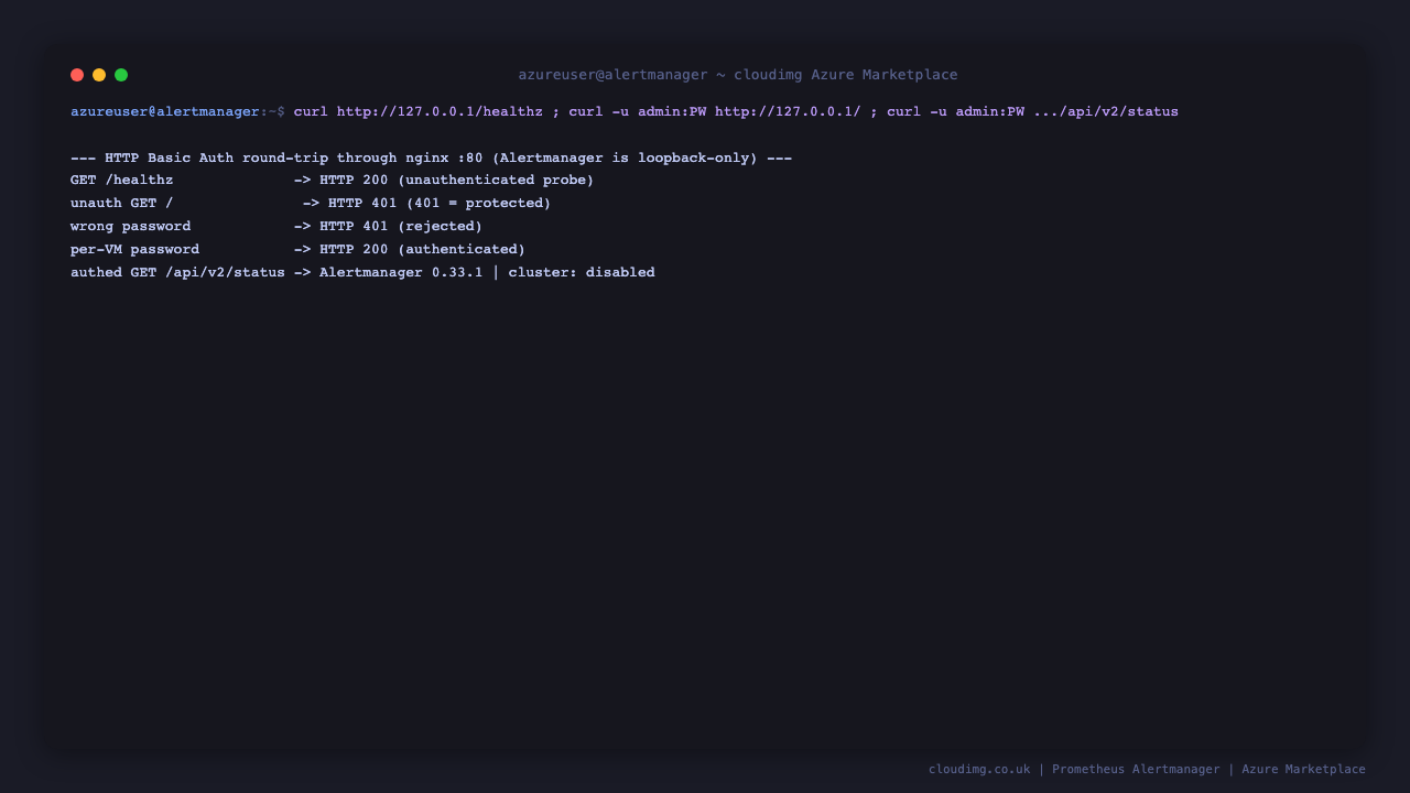 The HTTP Basic Auth round-trip returning 401 unauthenticated, 401 for a wrong password, 200 with the per-VM password, and the authenticated v2 status API returning Alertmanager 0.33.1 with clustering disabled