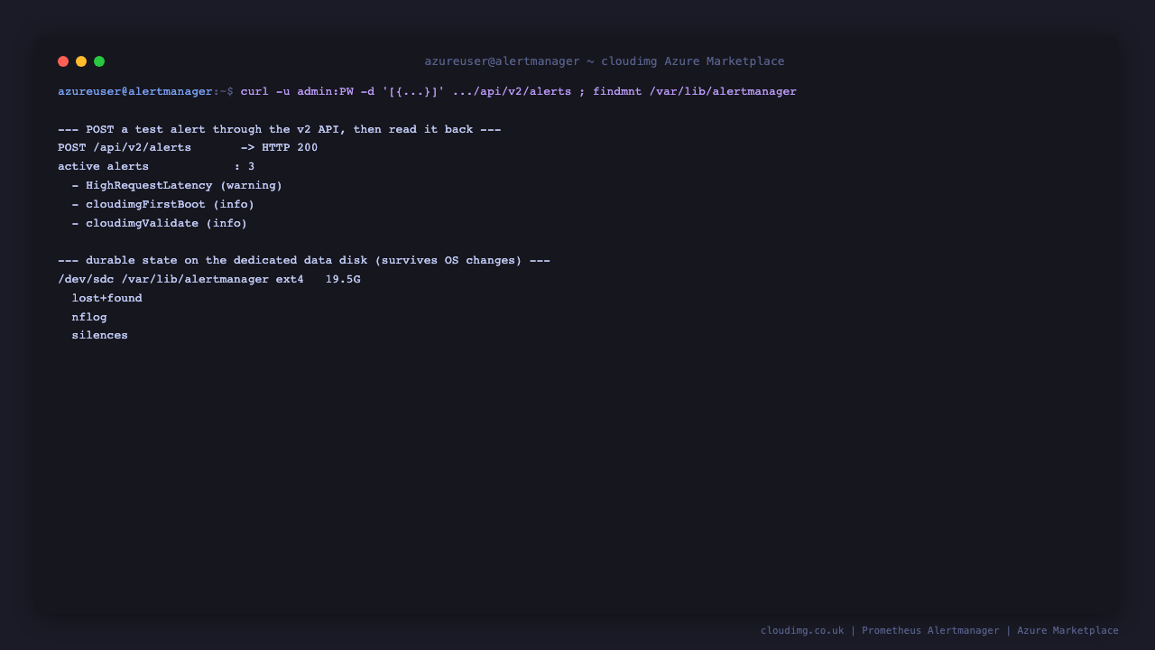 Posting a test alert to the v2 API returning HTTP 200, the active alert list read back through the API, and Alertmanager durable state on the dedicated data disk mounted at /var/lib/alertmanager