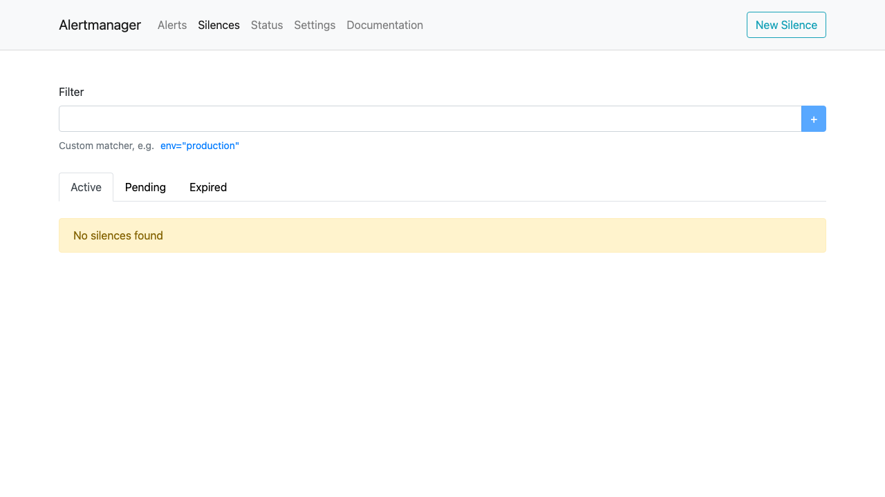 The Alertmanager Silences page for muting notifications by label matcher over a chosen window, with the New Silence action