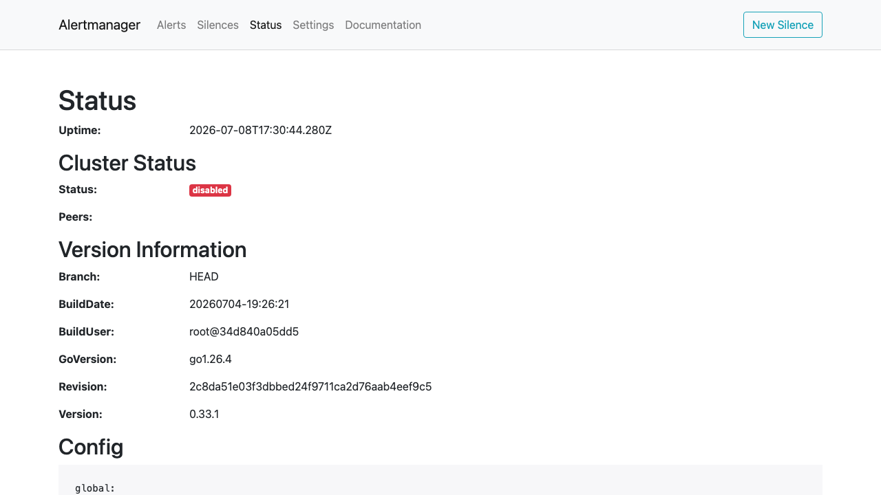 The Alertmanager Status page showing uptime, cluster status disabled, and version information reporting Alertmanager 0.33.1