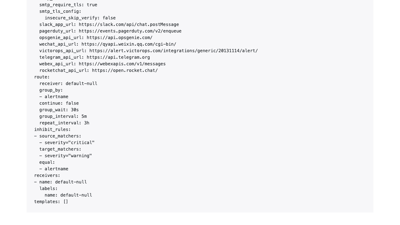 The Alertmanager Status page scrolled to the loaded configuration showing the global receiver URLs, the route tree with the default-null receiver, the inhibit rules and the receivers list