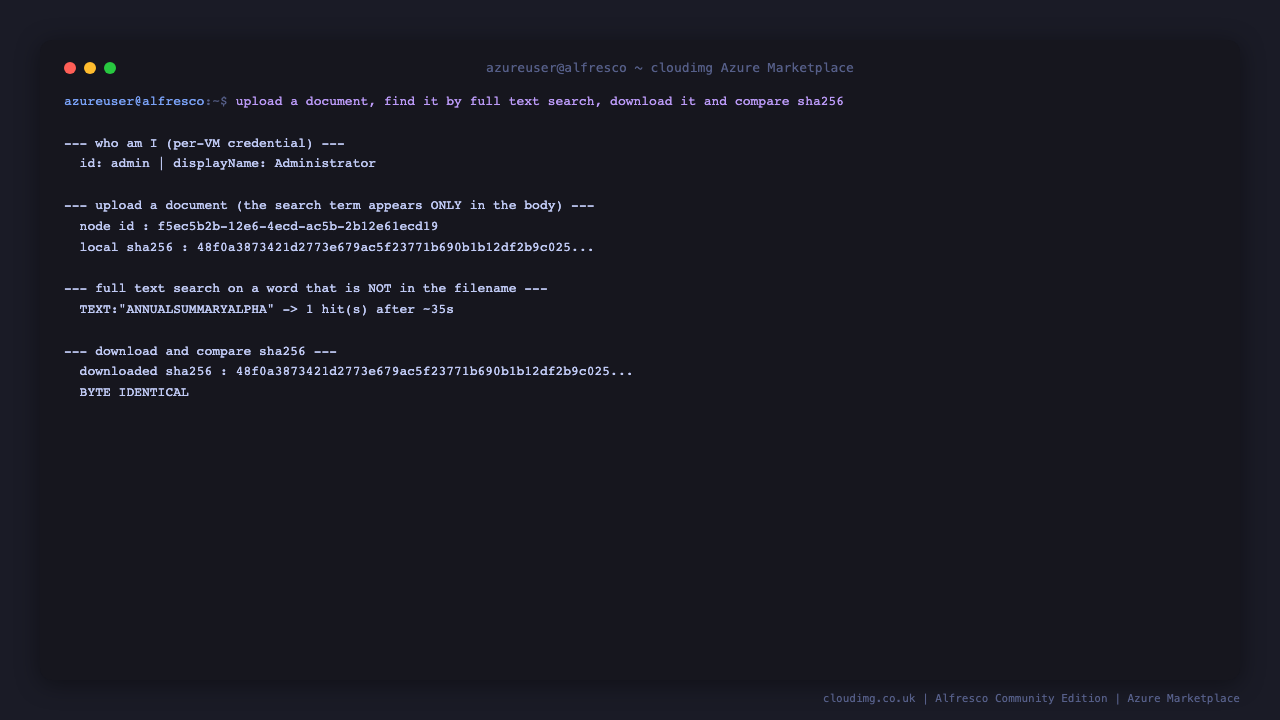 a document uploaded through the ReST API, then found by a full text search for a word that appears only in the document body, then downloaded again with a byte identical sha256