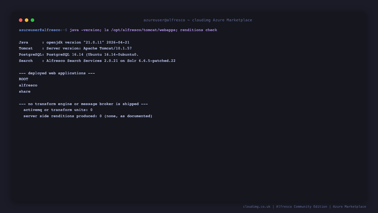 the Java, Tomcat, PostgreSQL and Alfresco Search Services versions, the deployed ROOT, alfresco and share web applications, and confirmation that no ActiveMQ or transform unit is present and no server side renditions are produced