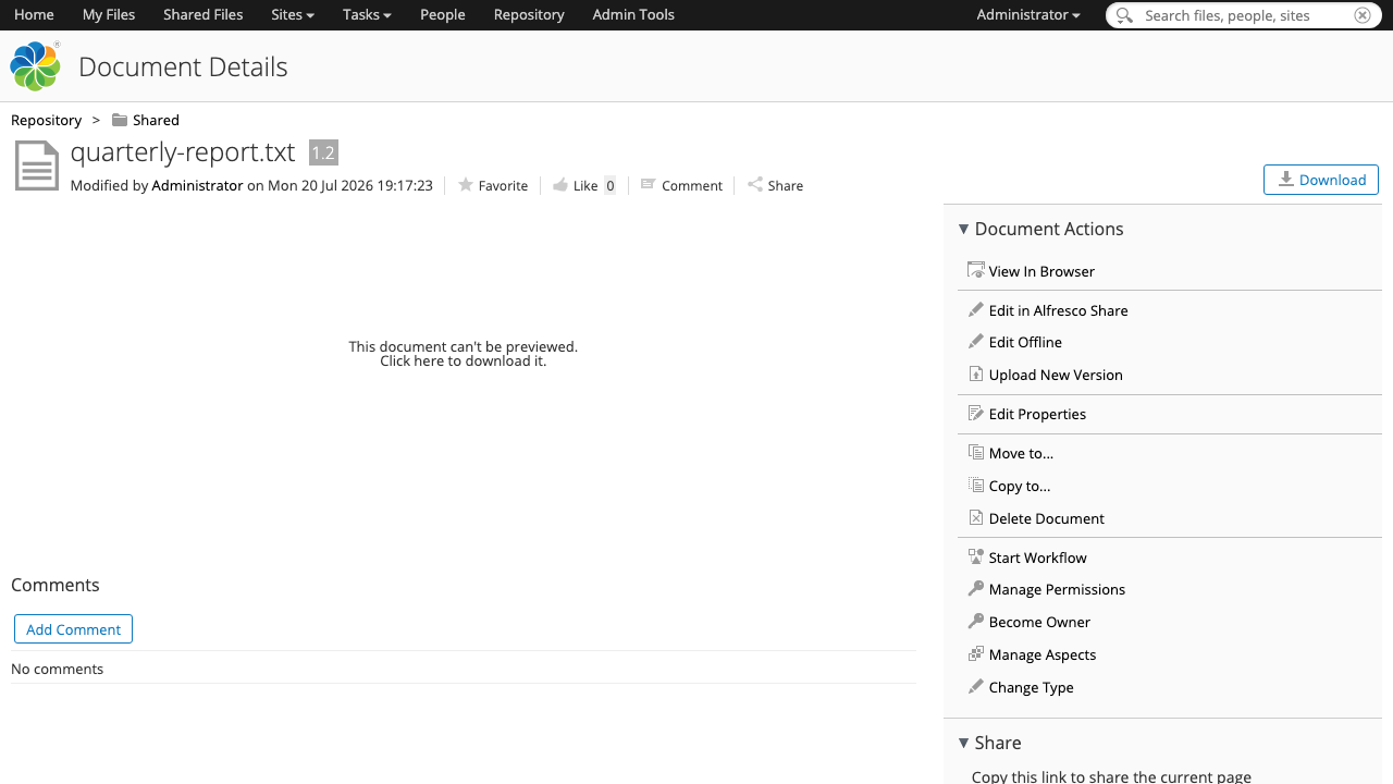 the document details page for the quarterly report showing version 1.2, the full document actions list, and the preview pane explaining that the document cannot be previewed and offering a download
