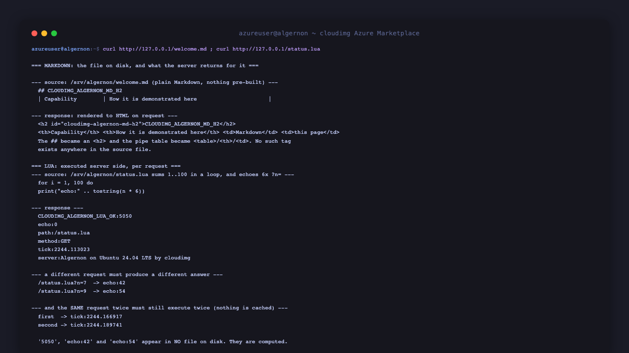 The Markdown source on disk next to the HTML the server returned for it, showing the heading arriving as an h2 element and the pipe table as table cells that appear nowhere in the source, followed by the Lua status endpoint returning a value summed in a loop, two different query parameters producing two different computed answers, and two identical requests still producing different tick values