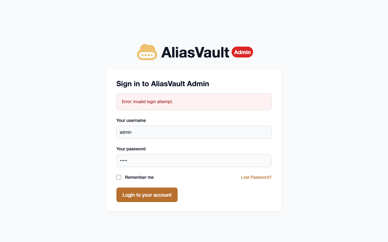 The AliasVault Admin sign-in page showing Error: Invalid login attempt after the username admin was tried with a default password