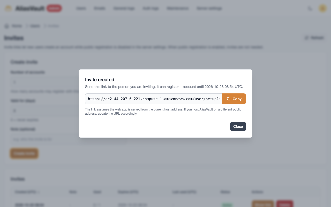 The AliasVault Admin Invites page with the Invite created dialog showing a single-use link on the instance's own hostname, valid for three days