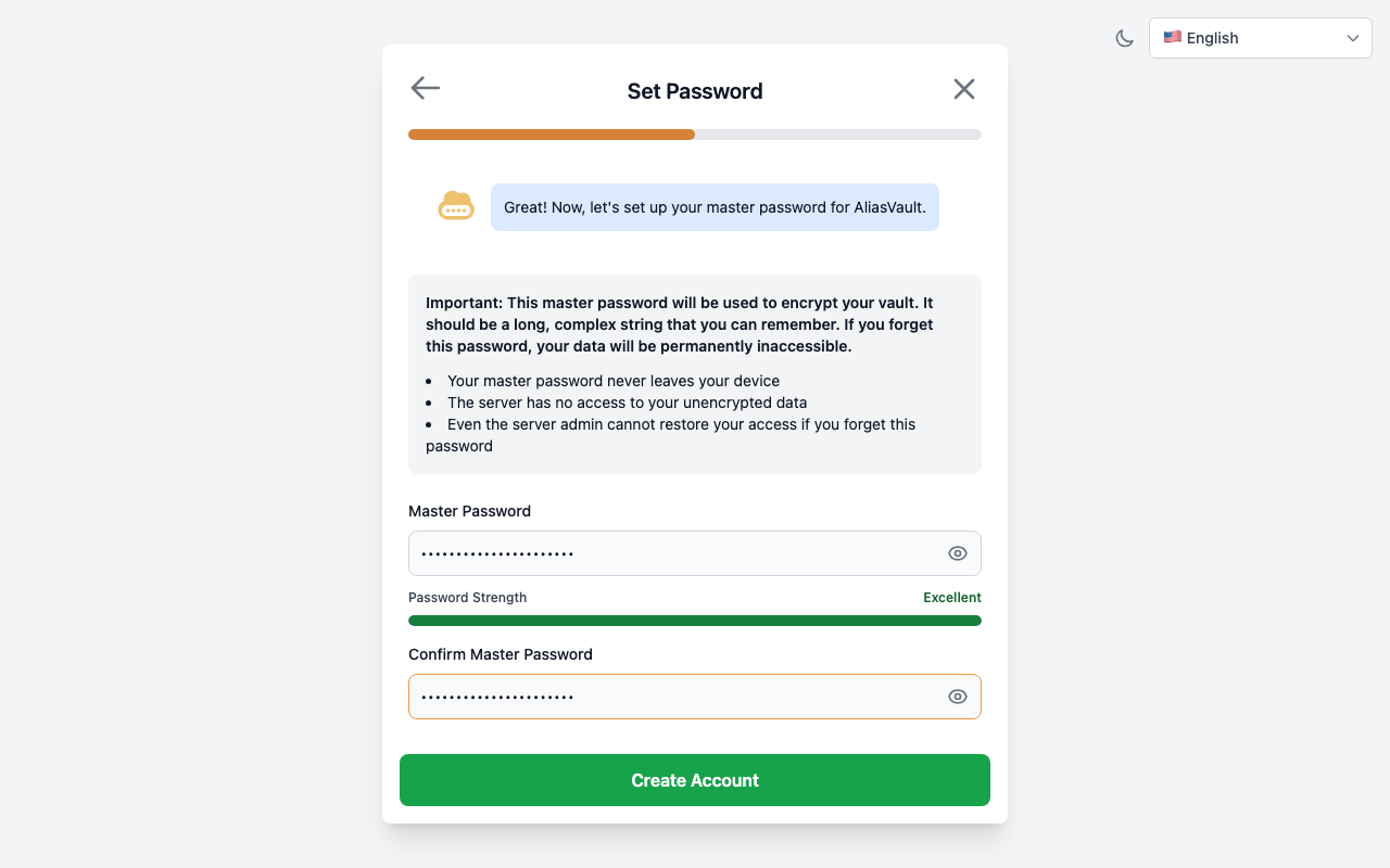 The AliasVault Set Password step of the invite sign-up, explaining that the master password never leaves the device, with both password fields filled and rated Excellent