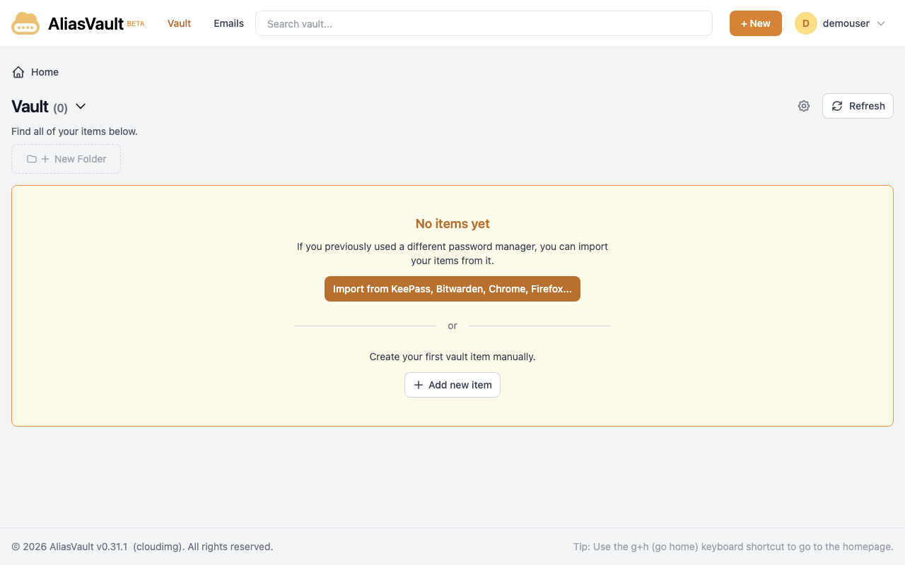 The empty AliasVault web vault of the new account demouser, offering to import items from another password manager or to add a first item