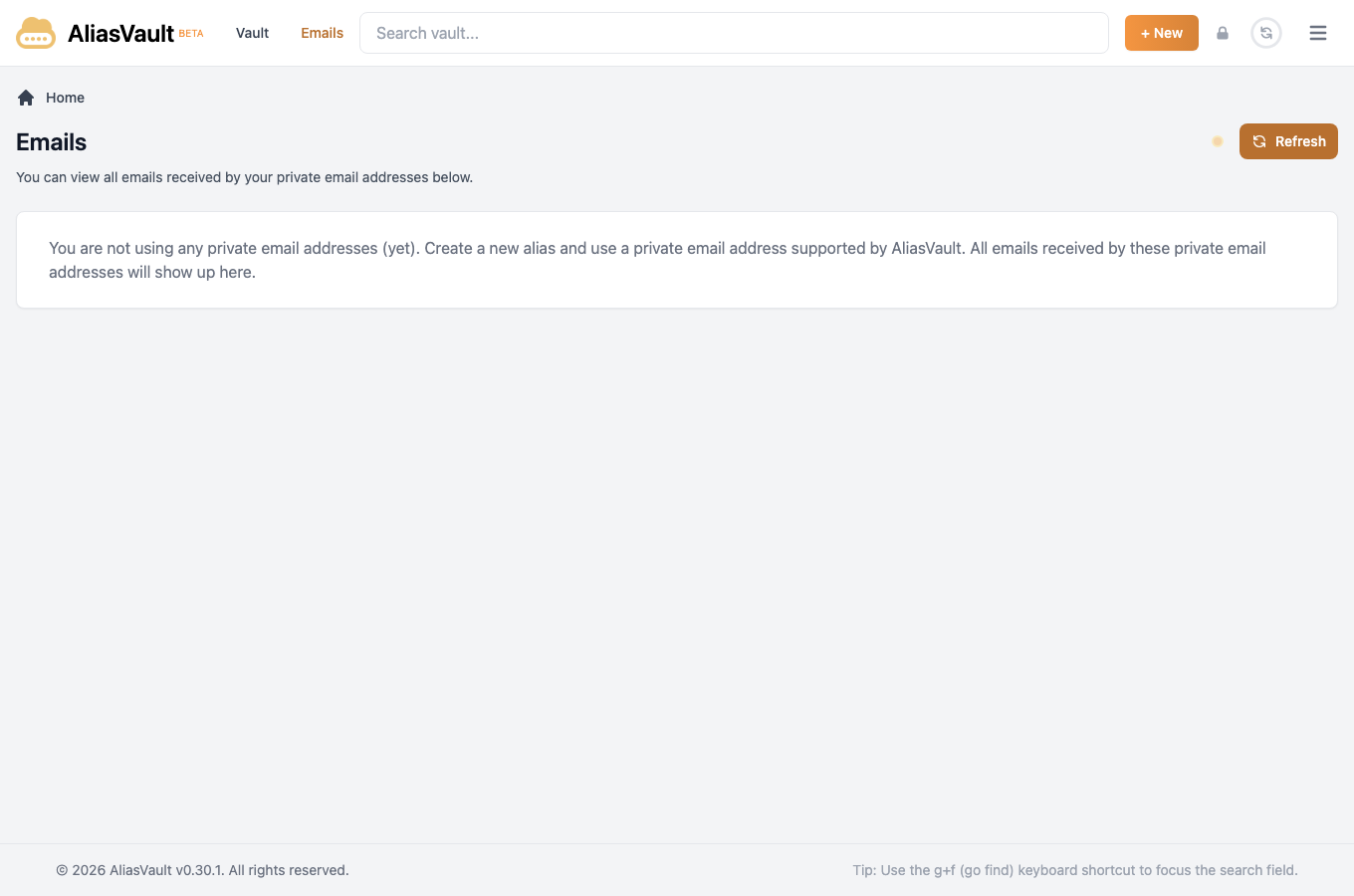The AliasVault Emails view, explaining that received email for your private email addresses appears here once a private email domain is configured