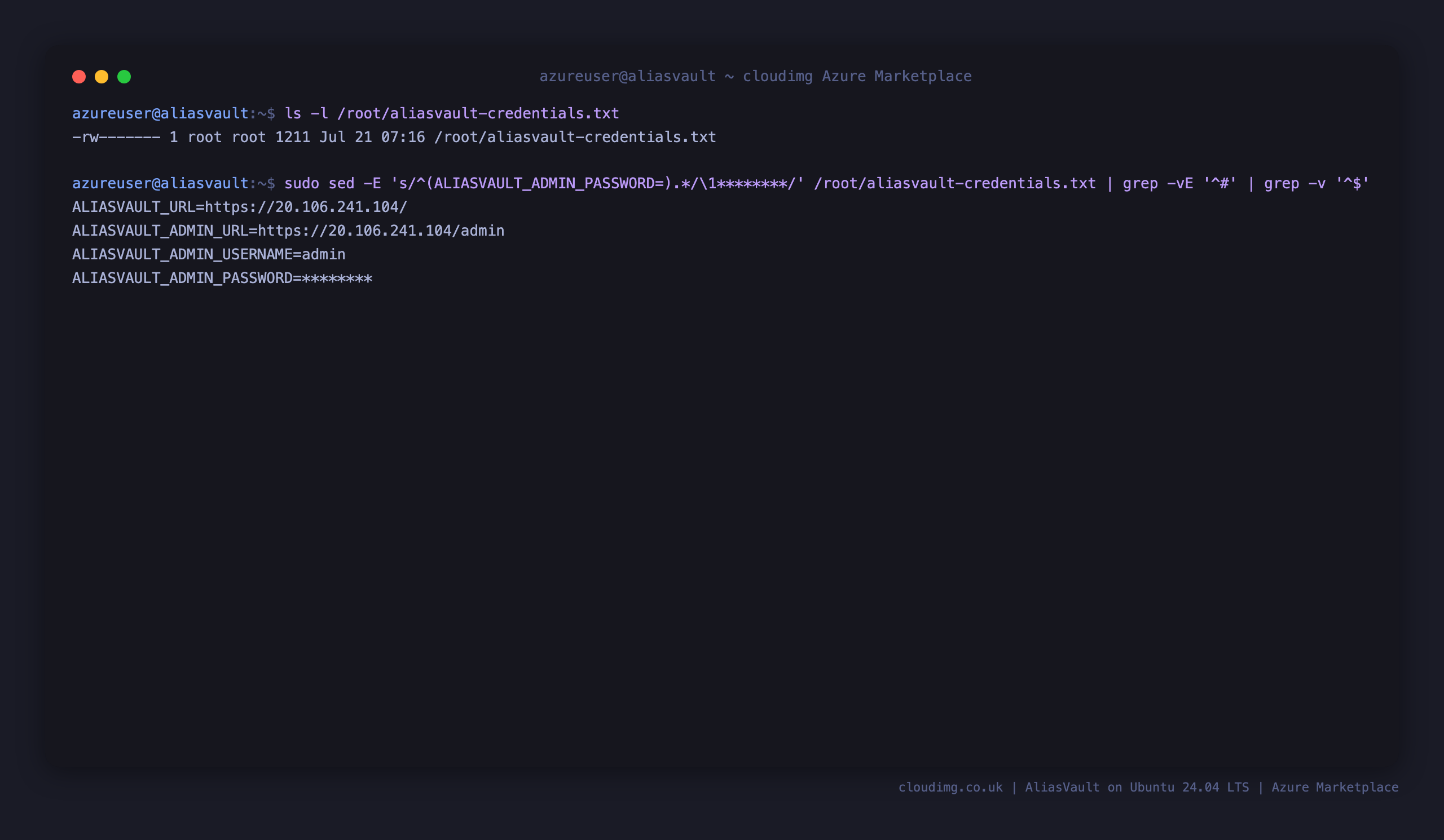 The per VM admin credentials file generated on first boot, readable only by root