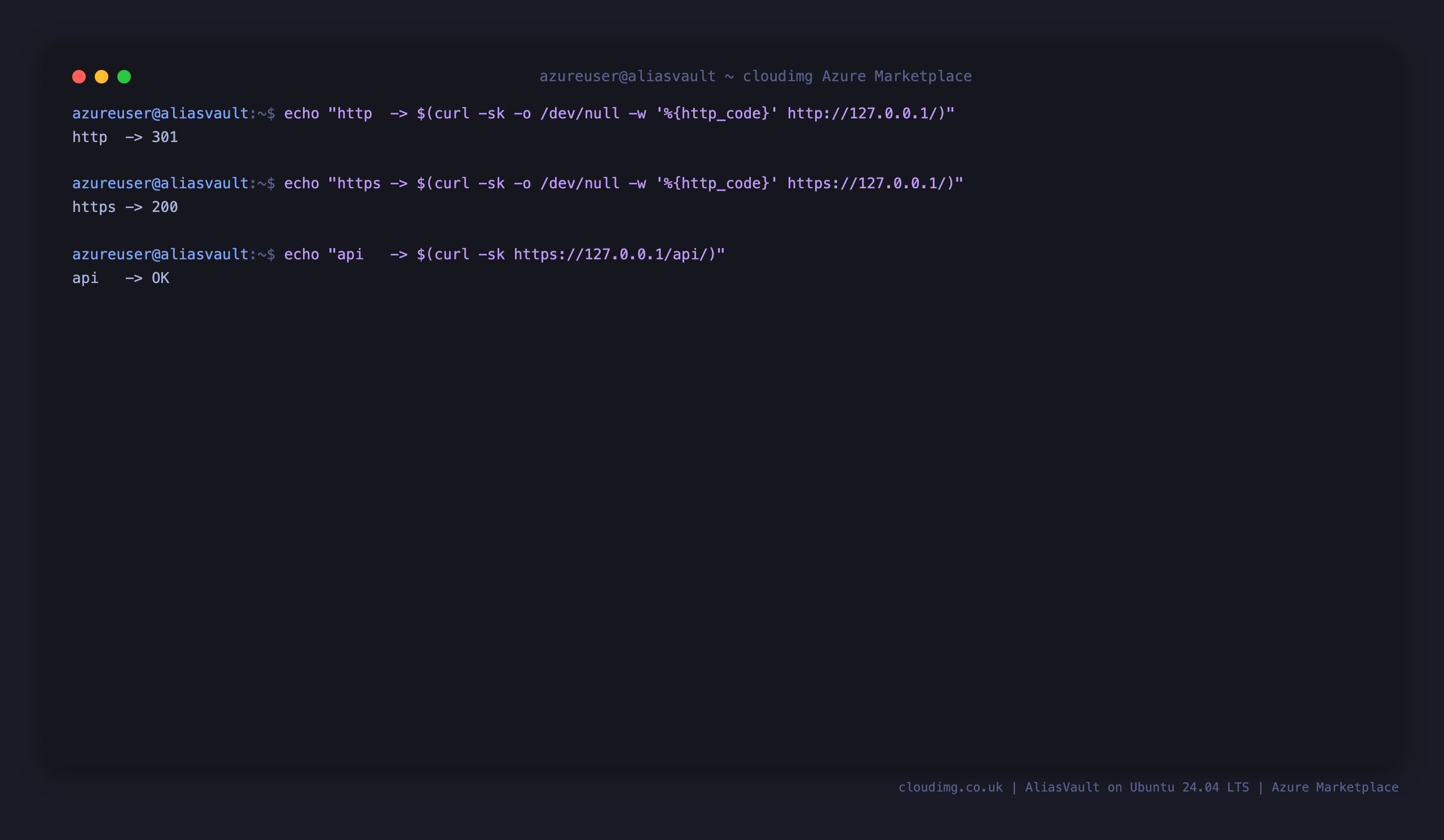 The AliasVault health checks from the command line: HTTP redirects to HTTPS, the web client returns 200, and the API health endpoint returns OK